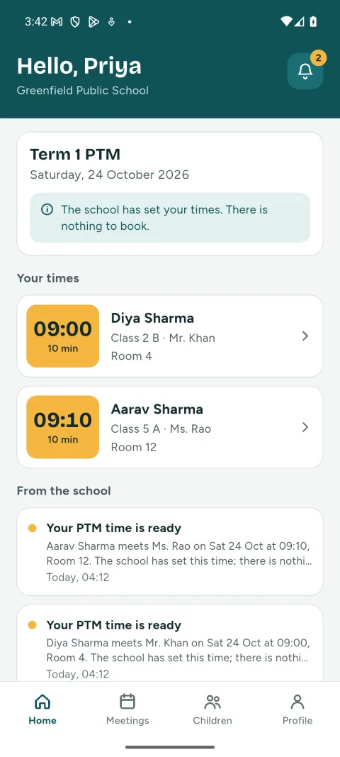 PTM Connect parent's home screen showing two meeting times