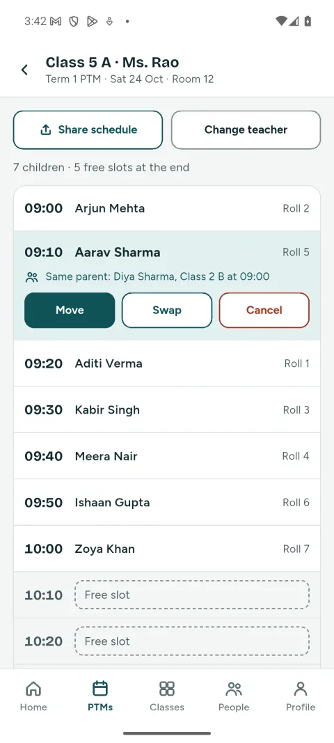 PTM Connect class schedule with one appointment selected