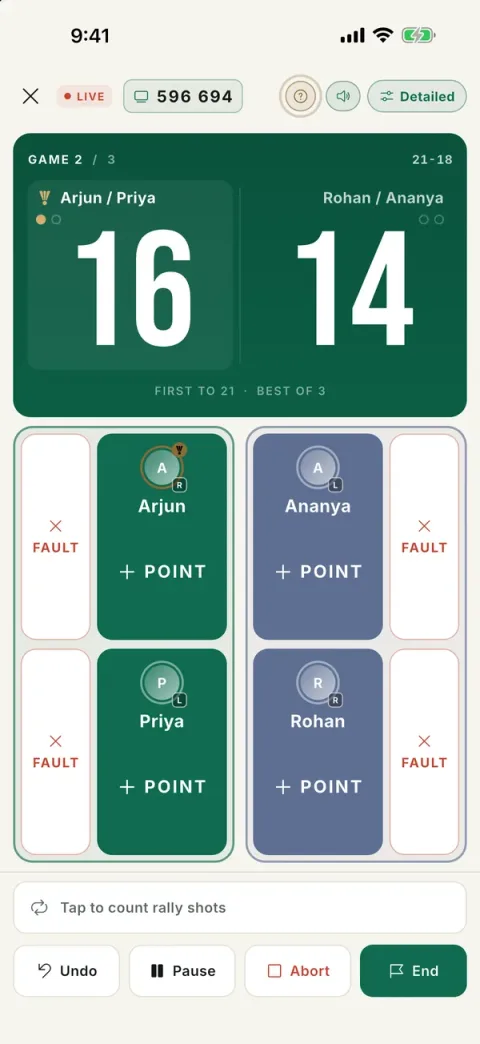 SHUTL live scoring screen, 16 to 14 in a doubles match